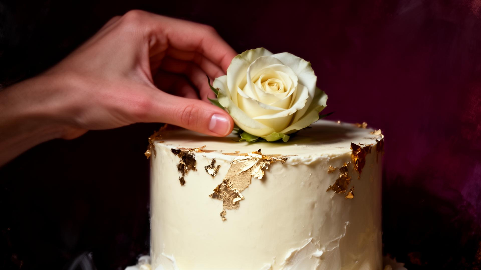 Hand placing rose on cake